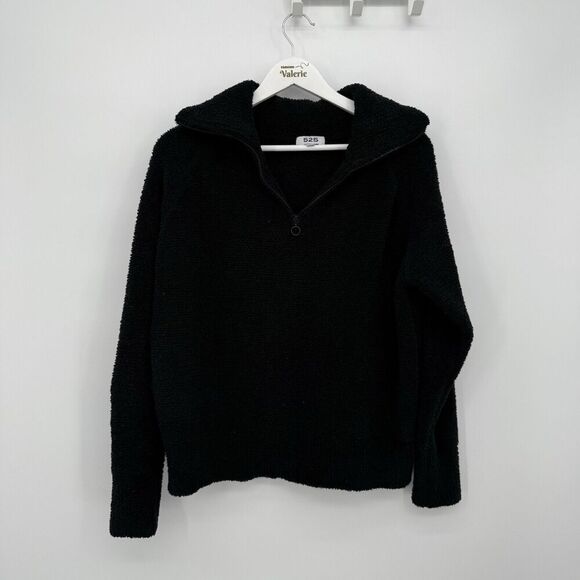 525 America Black Fuzzy Sherpa Quarter Zip Sweater Jacket Wide Collar Size Large - Picture 1 of 7
